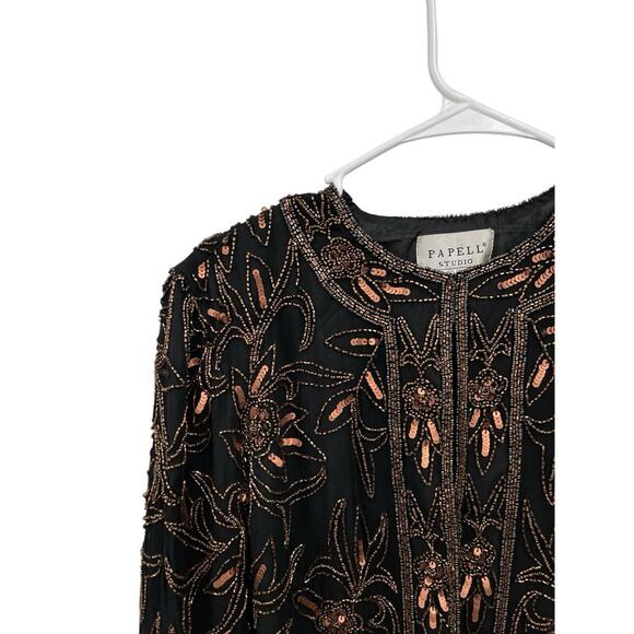 NWT Vintage Papell Studio Beaded Sequin Silk Jacket Evening Copper Black Medium - Picture 2 of 11